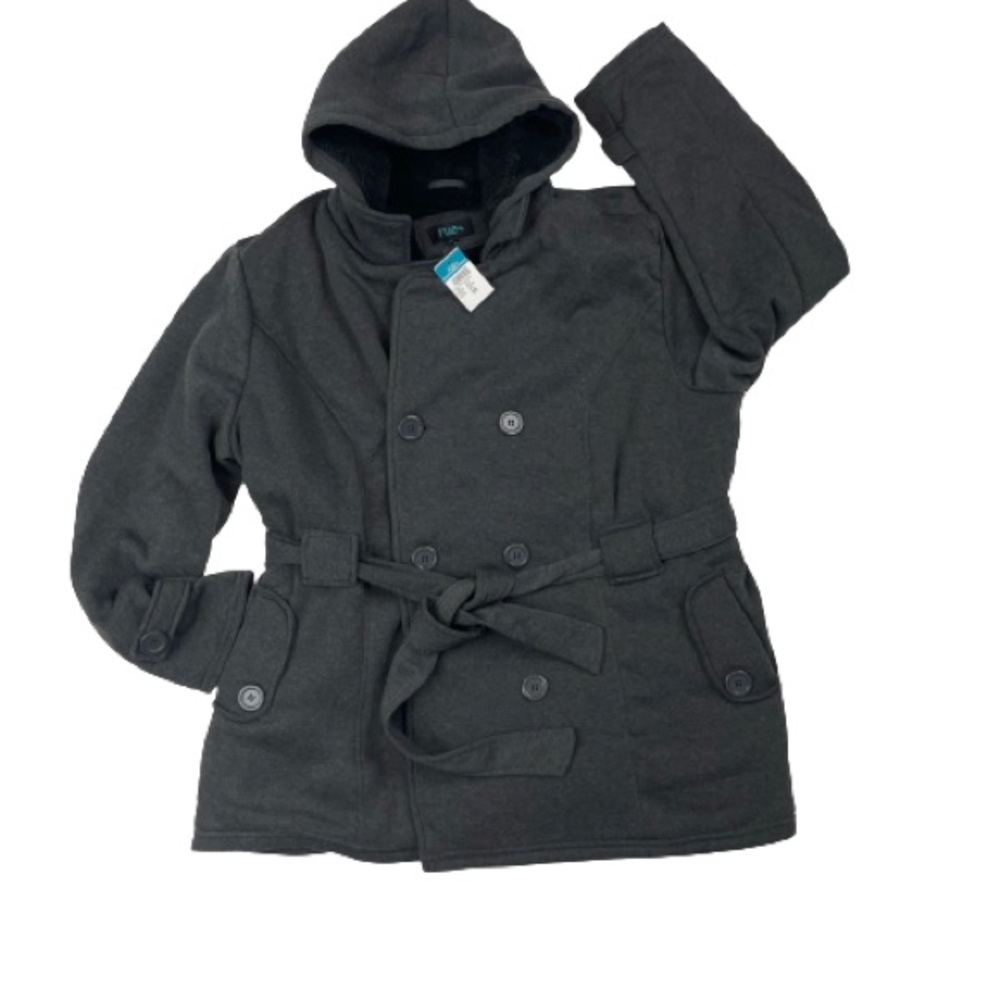 Rue21 Gray Hoodie Faux Fur Interior Button Down Belted Fleece Jacket. SIZE XXXL